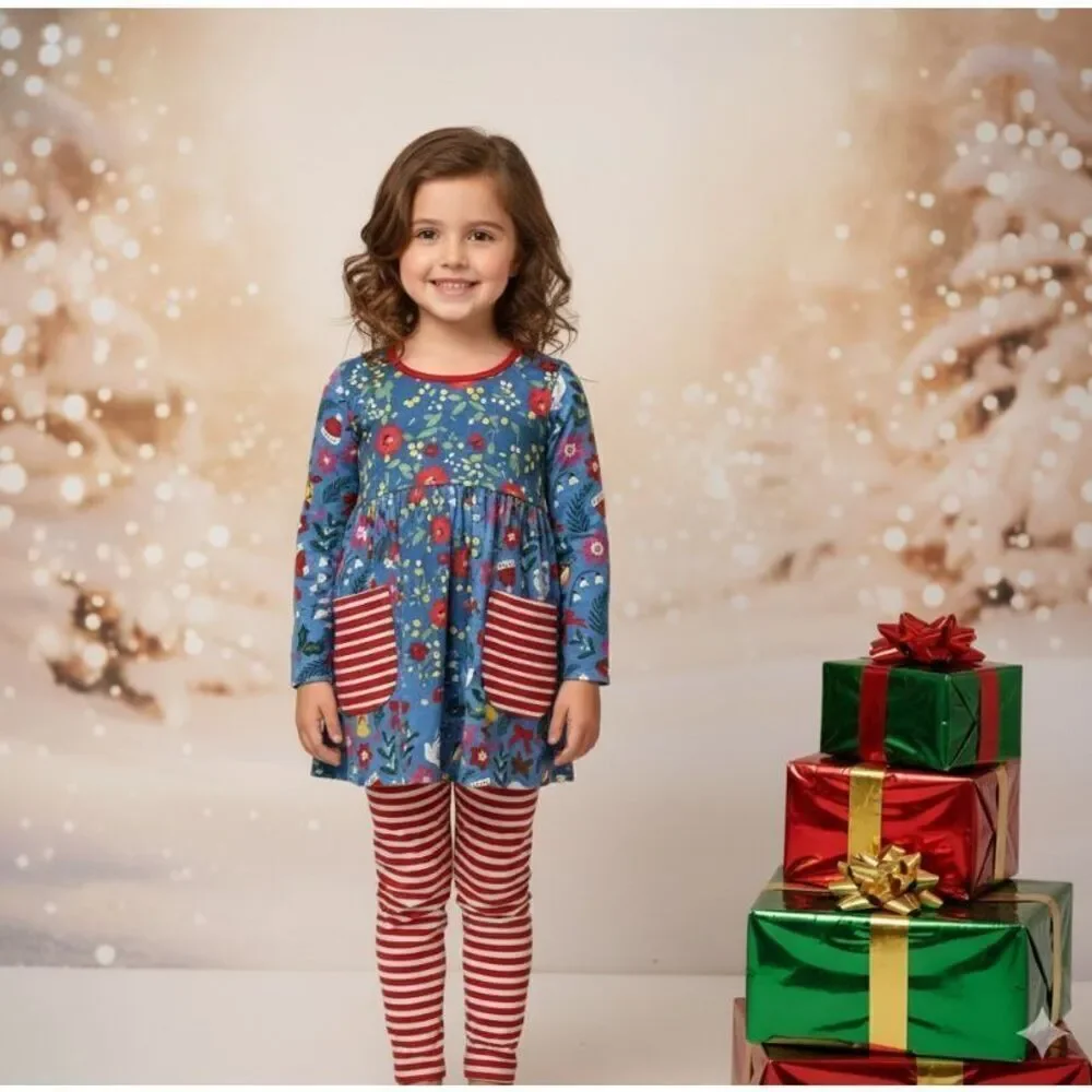 Mini Boden Christmas Pocket Tunic Blue/RedMulti EUC 8-9